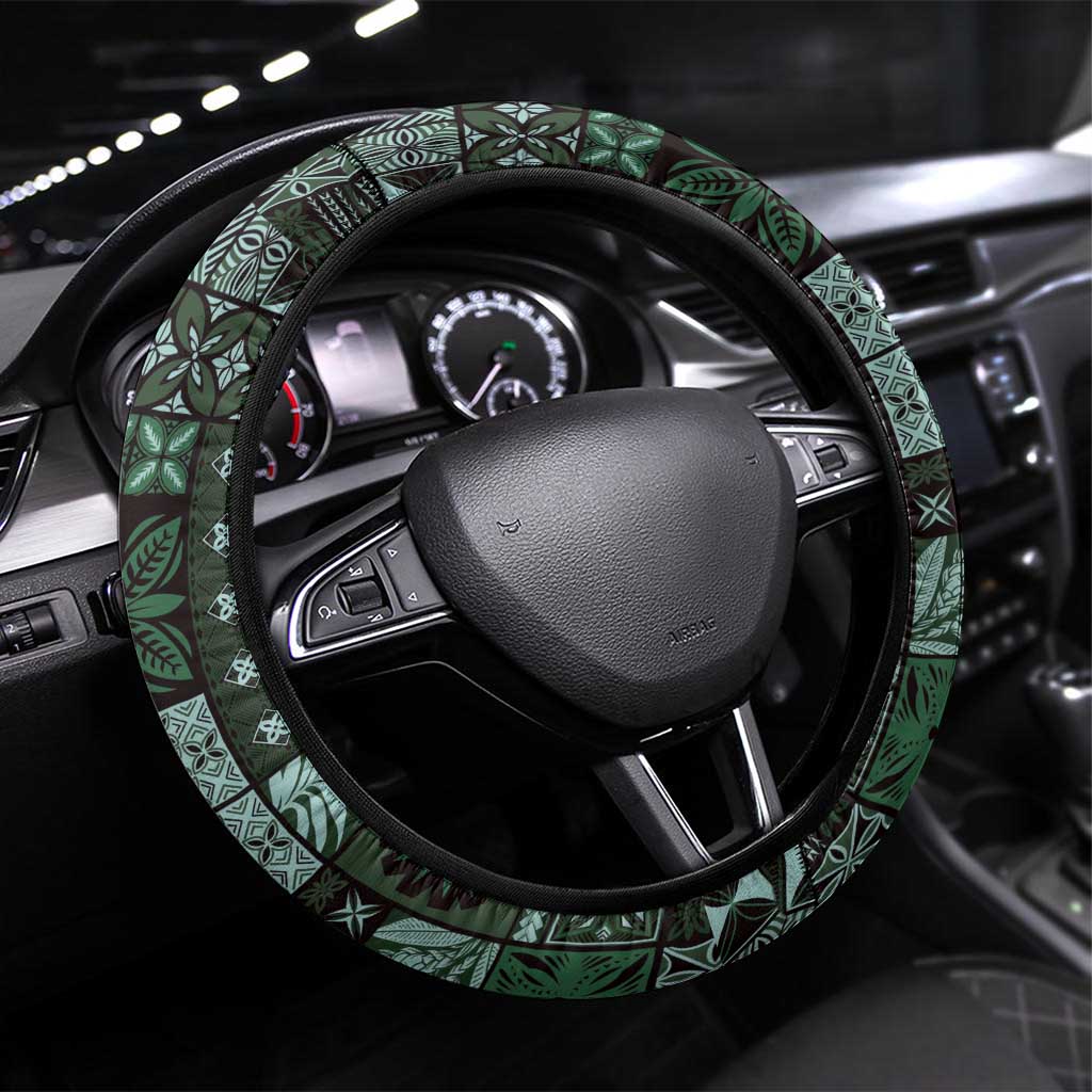 Samoa Siapo Tribal Pattern Steering Wheel Cover Forest Green Polynesian Plumeria Tapa Motif LT9 Universal Fit Green - Polynesian Pride