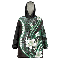 Samoa Siapo Tribal Pattern Wearable Blanket Hoodie Forest Green Polynesian Plumeria Tapa Motif