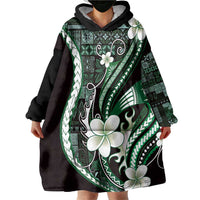 Samoa Siapo Tribal Pattern Wearable Blanket Hoodie Forest Green Polynesian Plumeria Tapa Motif