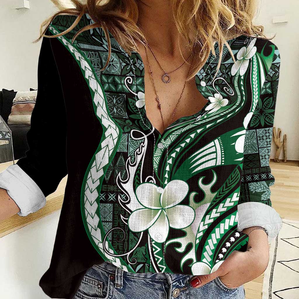 Samoa Siapo Tribal Pattern Women Casual Shirt Forest Green Polynesian Plumeria Tapa Motif