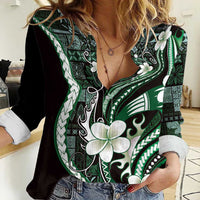 Samoa Siapo Tribal Pattern Women Casual Shirt Forest Green Polynesian Plumeria Tapa Motif