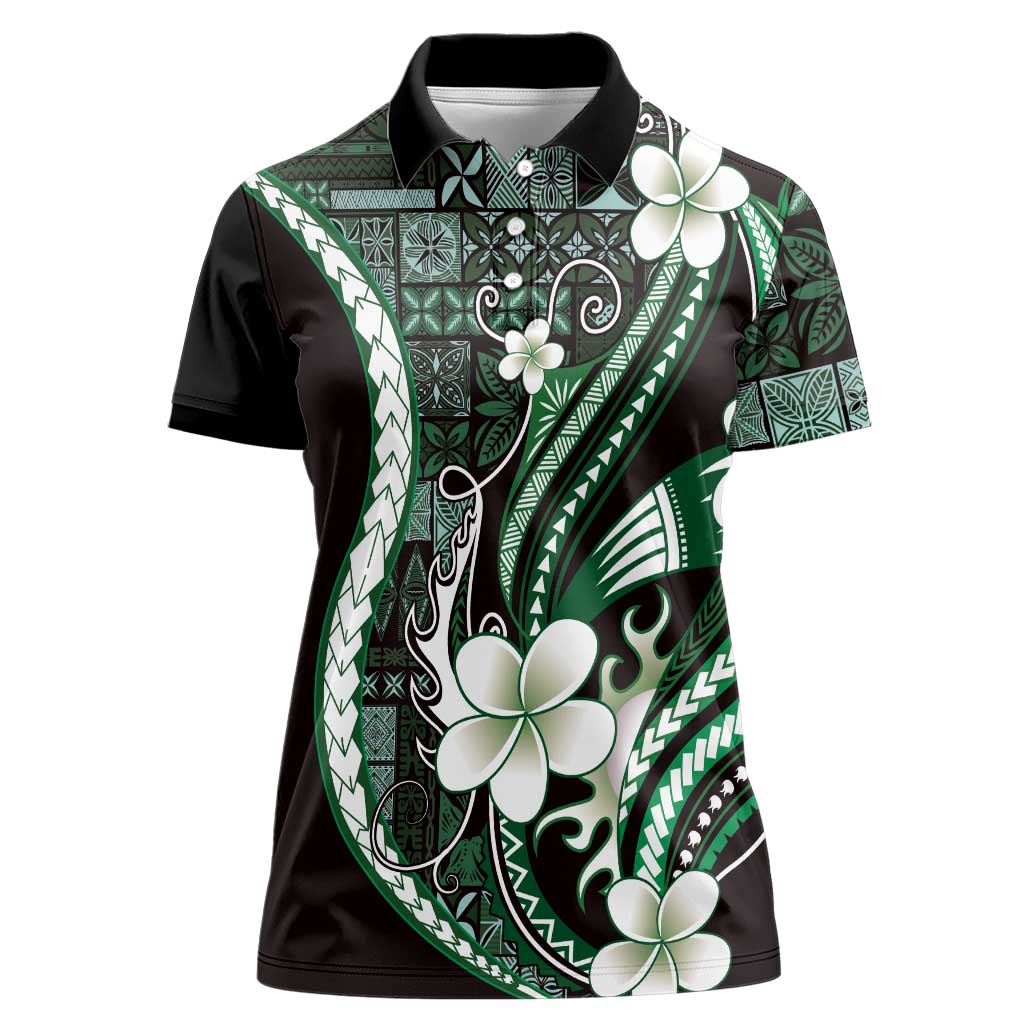 Samoa Siapo Tribal Pattern Women Polo Shirt Forest Green Polynesian Plumeria Tapa Motif
