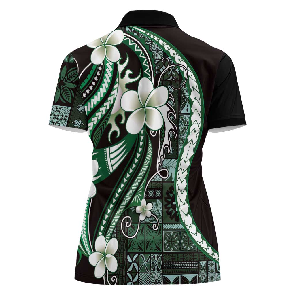Samoa Siapo Tribal Pattern Women Polo Shirt Forest Green Polynesian Plumeria Tapa Motif