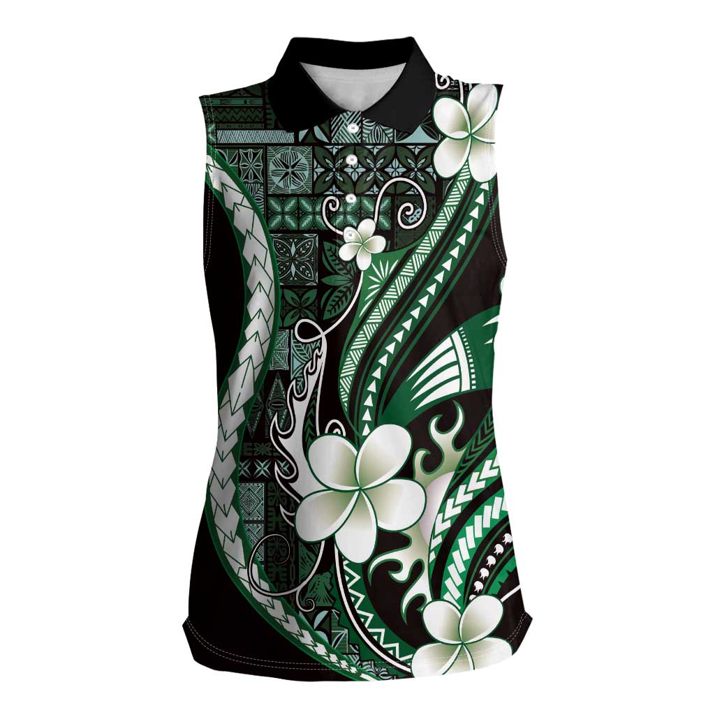 Samoa Siapo Tribal Pattern Women Sleeveless Polo Shirt Forest Green Polynesian Plumeria Tapa Motif