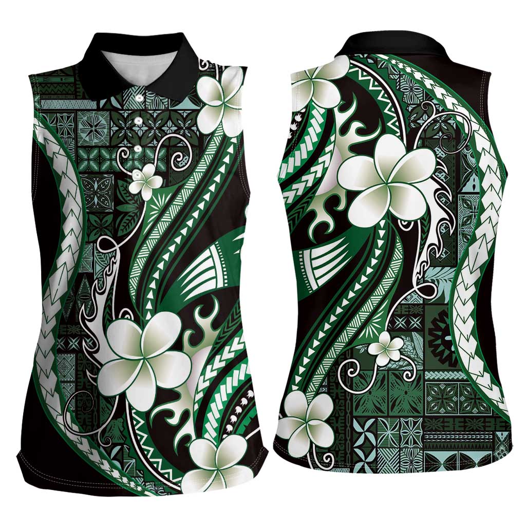 Samoa Siapo Tribal Pattern Women Sleeveless Polo Shirt Forest Green Polynesian Plumeria Tapa Motif