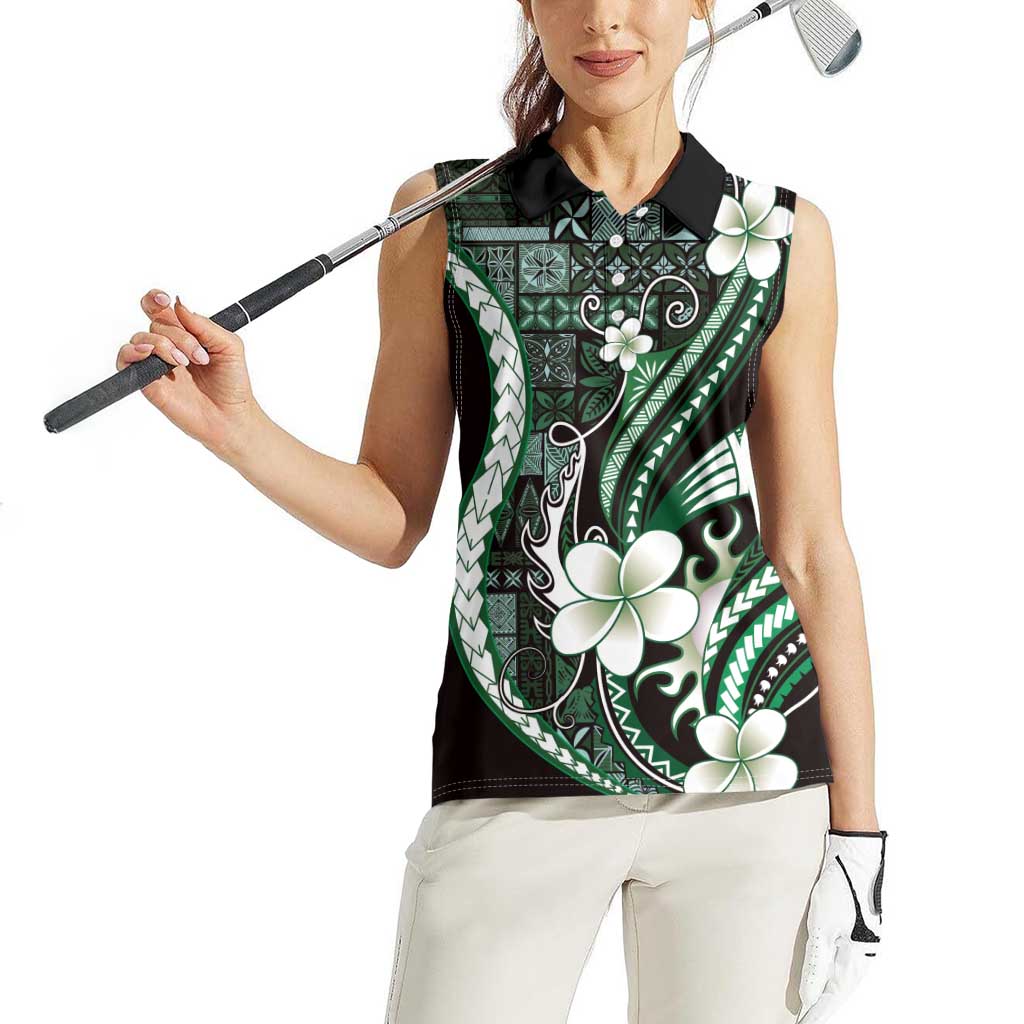 Samoa Siapo Tribal Pattern Women Sleeveless Polo Shirt Forest Green Polynesian Plumeria Tapa Motif