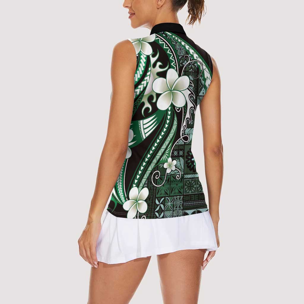 Samoa Siapo Tribal Pattern Women Sleeveless Polo Shirt Forest Green Polynesian Plumeria Tapa Motif