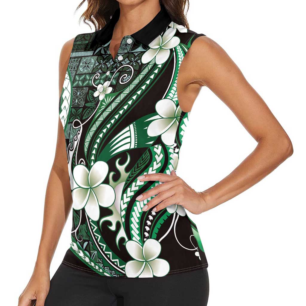 Samoa Siapo Tribal Pattern Women Sleeveless Polo Shirt Forest Green Polynesian Plumeria Tapa Motif