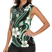 Samoa Siapo Tribal Pattern Women Sleeveless Polo Shirt Forest Green Polynesian Plumeria Tapa Motif