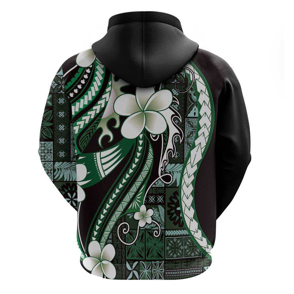 Samoa Siapo Tribal Pattern Zip Hoodie Forest Green Polynesian Plumeria Tapa Motif