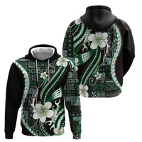 Samoa Siapo Tribal Pattern Zip Hoodie Forest Green Polynesian Plumeria Tapa Motif