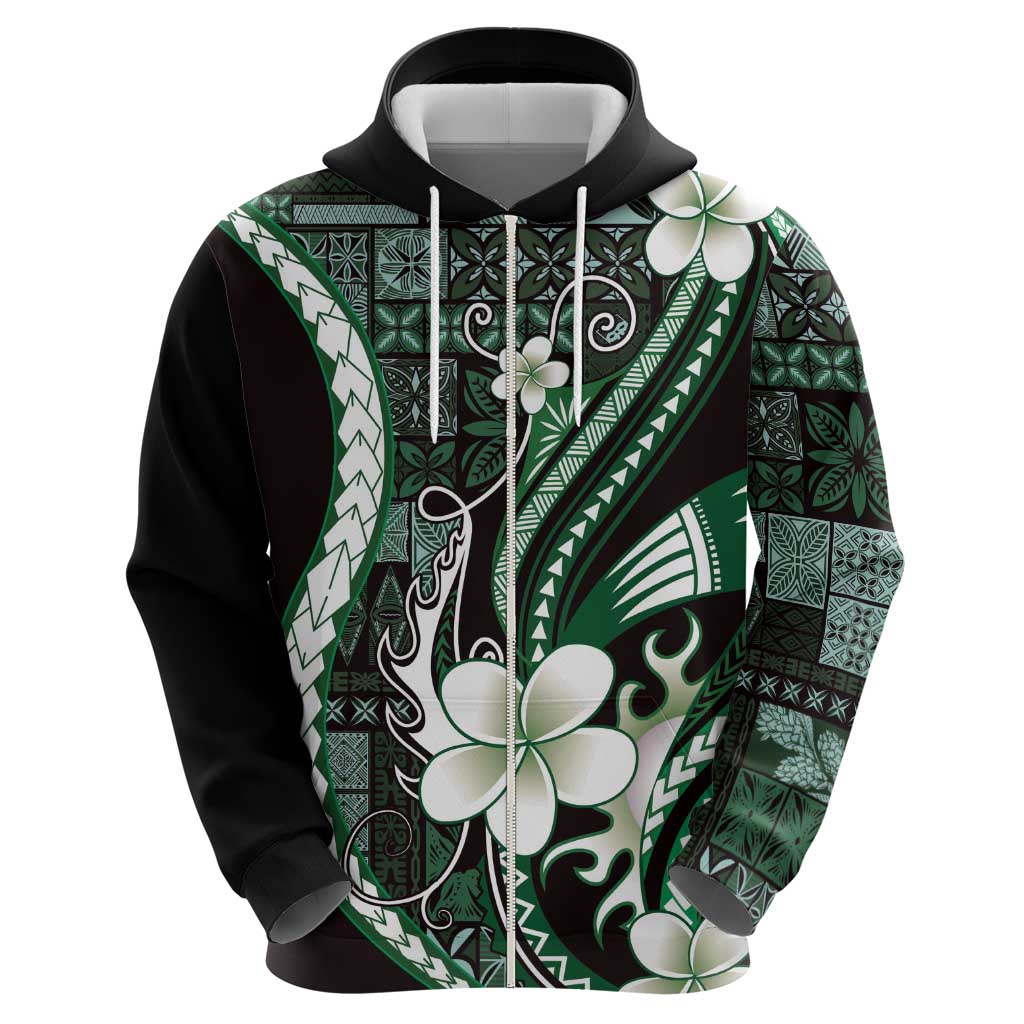 Samoa Siapo Tribal Pattern Zip Hoodie Forest Green Polynesian Plumeria Tapa Motif