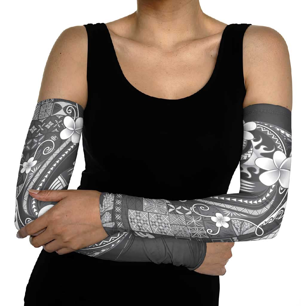 Samoa Siapo Tribal Pattern Arm Sleeves Light Gray Polynesian Plumeria Tapa Motif