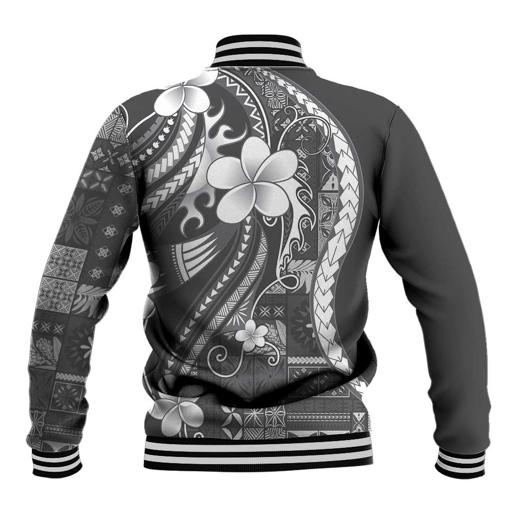 Samoa Siapo Tribal Pattern Baseball Jacket Light Gray Polynesian Plumeria Tapa Motif