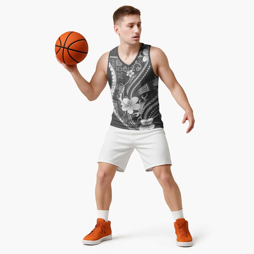 Samoa Siapo Tribal Pattern Basketball Jersey Light Gray Polynesian Plumeria Tapa Motif