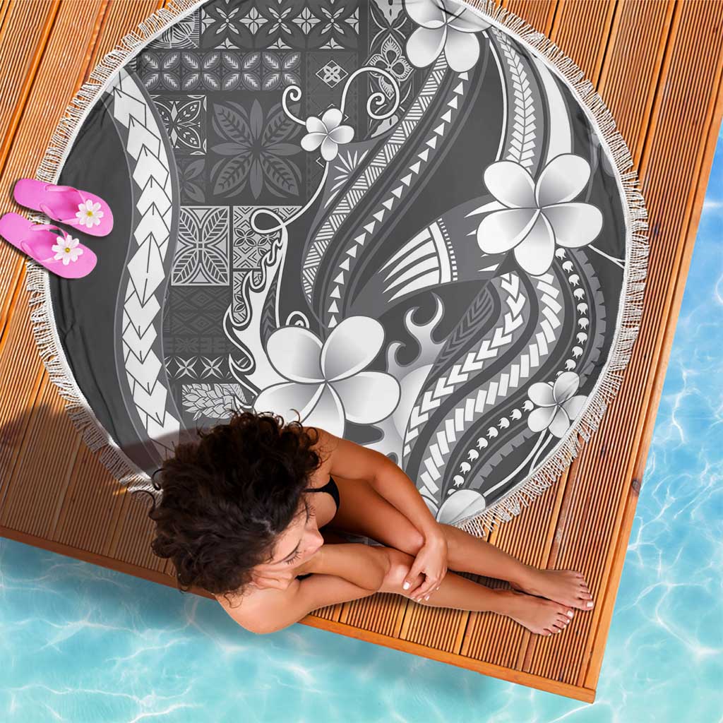 Samoa Siapo Tribal Pattern Beach Blanket Light Gray Polynesian Plumeria Tapa Motif