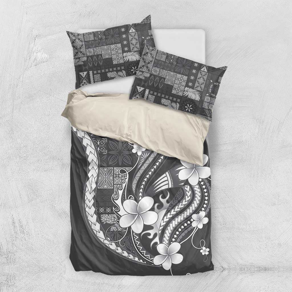 Samoa Siapo Tribal Pattern Bedding Set Light Gray Polynesian Plumeria Tapa Motif