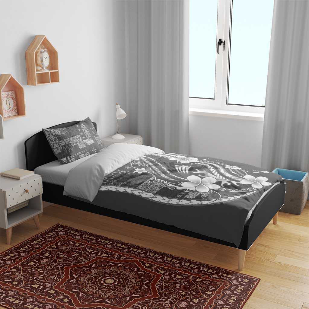 Samoa Siapo Tribal Pattern Bedding Set Light Gray Polynesian Plumeria Tapa Motif