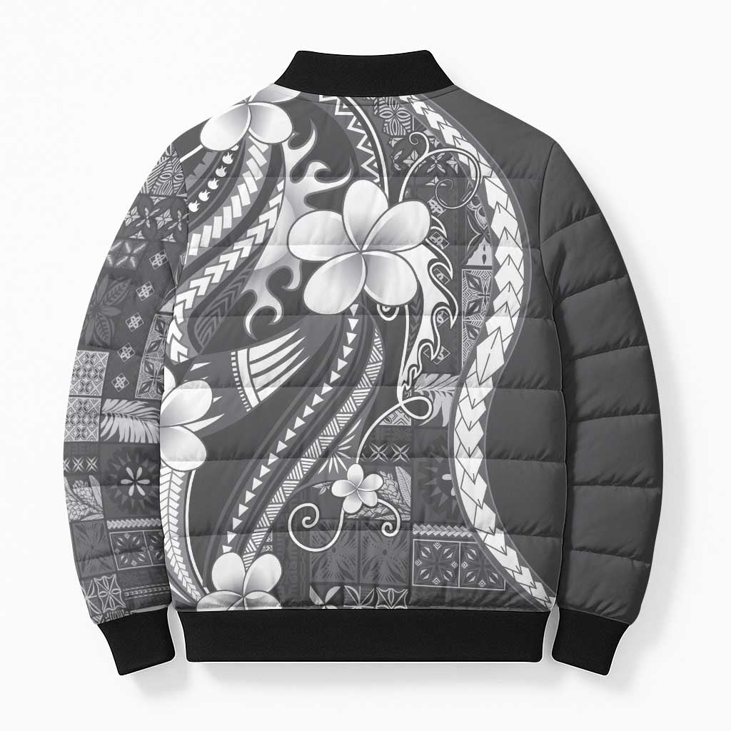 Samoa Siapo Tribal Pattern Bomber Puffer Jacket Light Gray Polynesian Plumeria Tapa Motif