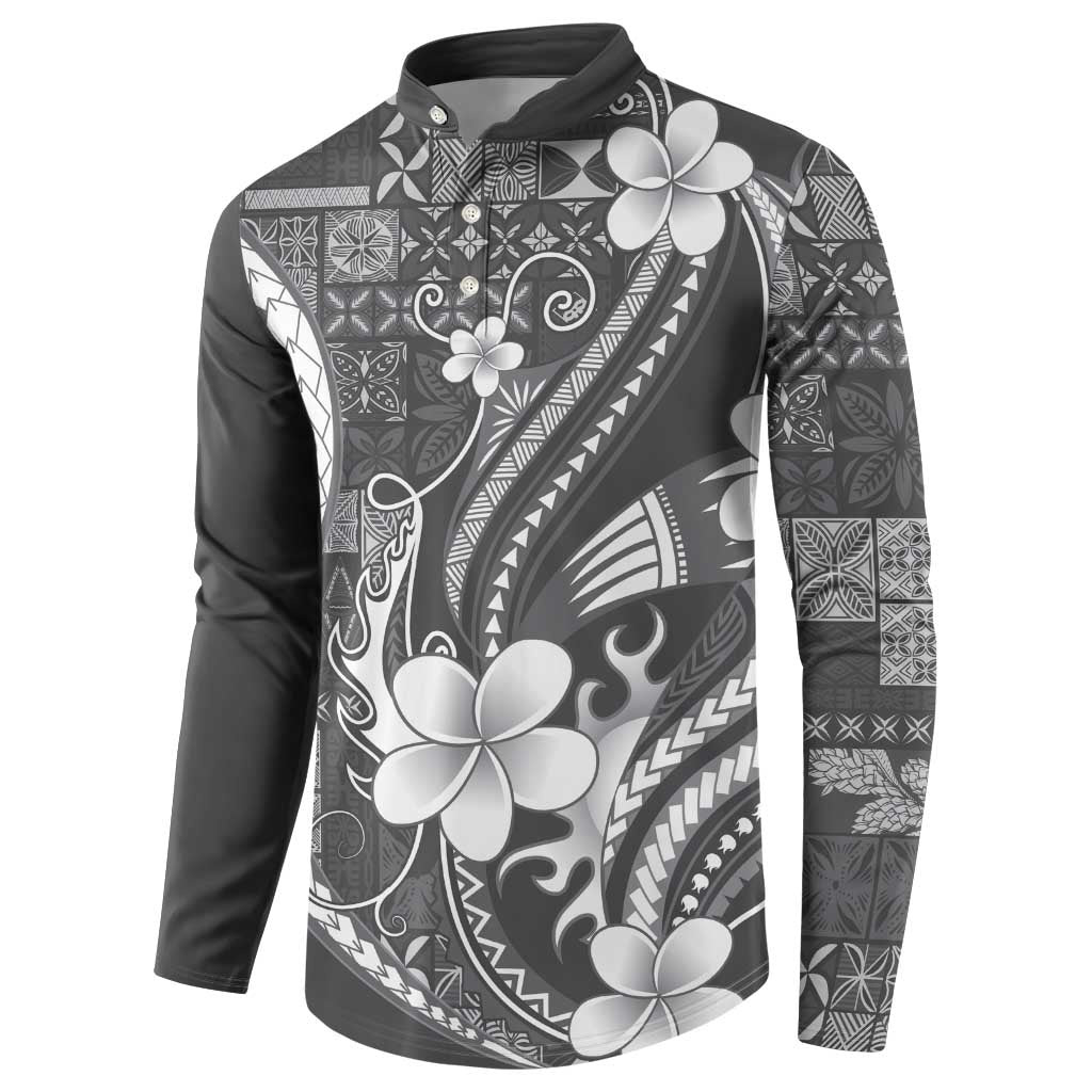 Samoa Siapo Tribal Pattern Button Sweatshirt Light Gray Polynesian Plumeria Tapa Motif
