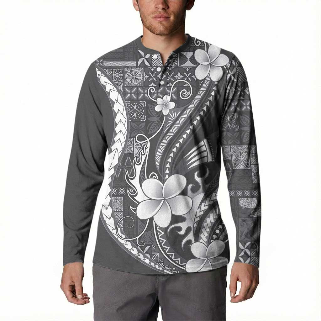 Samoa Siapo Tribal Pattern Button Sweatshirt Light Gray Polynesian Plumeria Tapa Motif