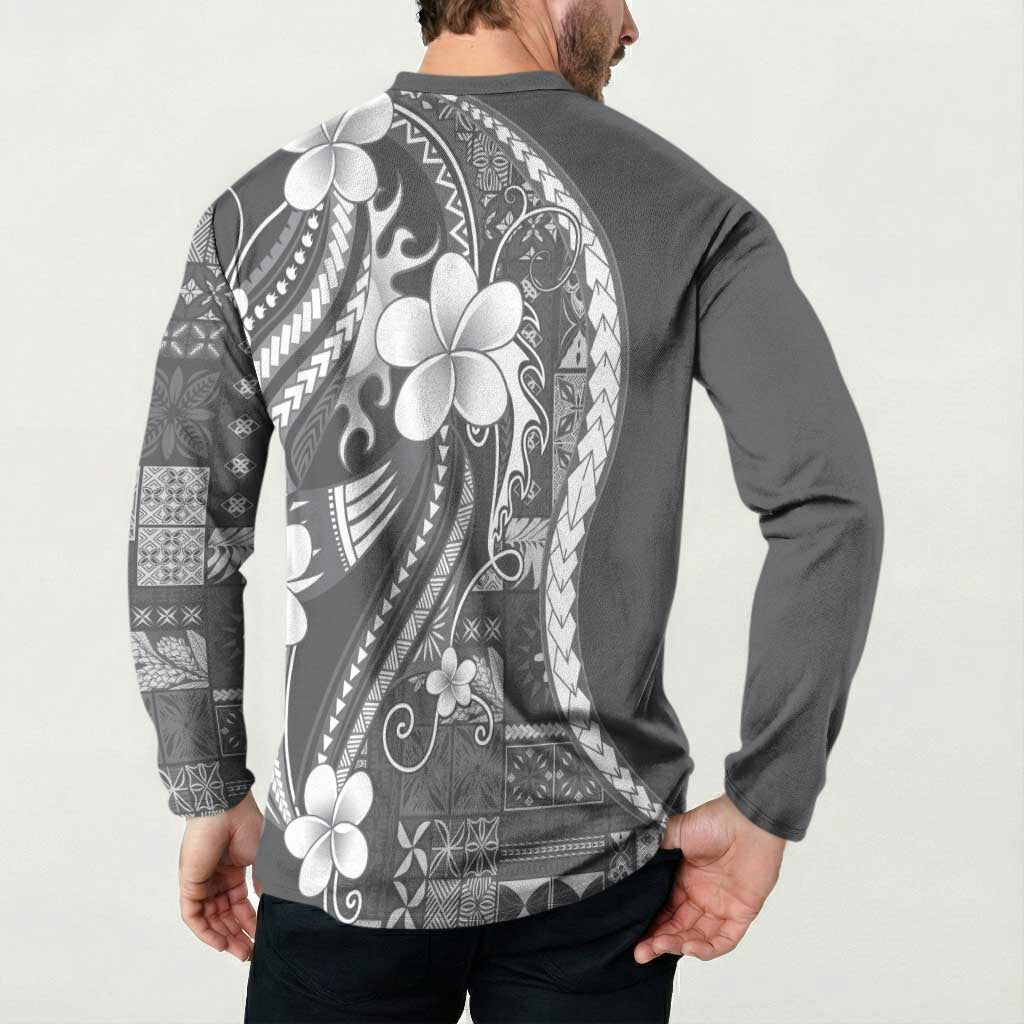 Samoa Siapo Tribal Pattern Button Sweatshirt Light Gray Polynesian Plumeria Tapa Motif