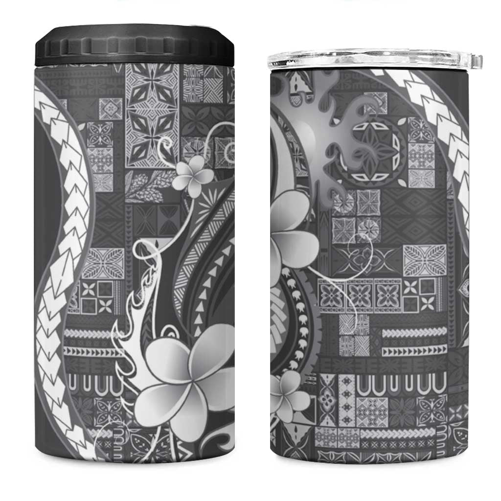 Samoa Siapo Tribal Pattern 4 in 1 Can Cooler Tumbler Light Gray Polynesian Plumeria Tapa Motif