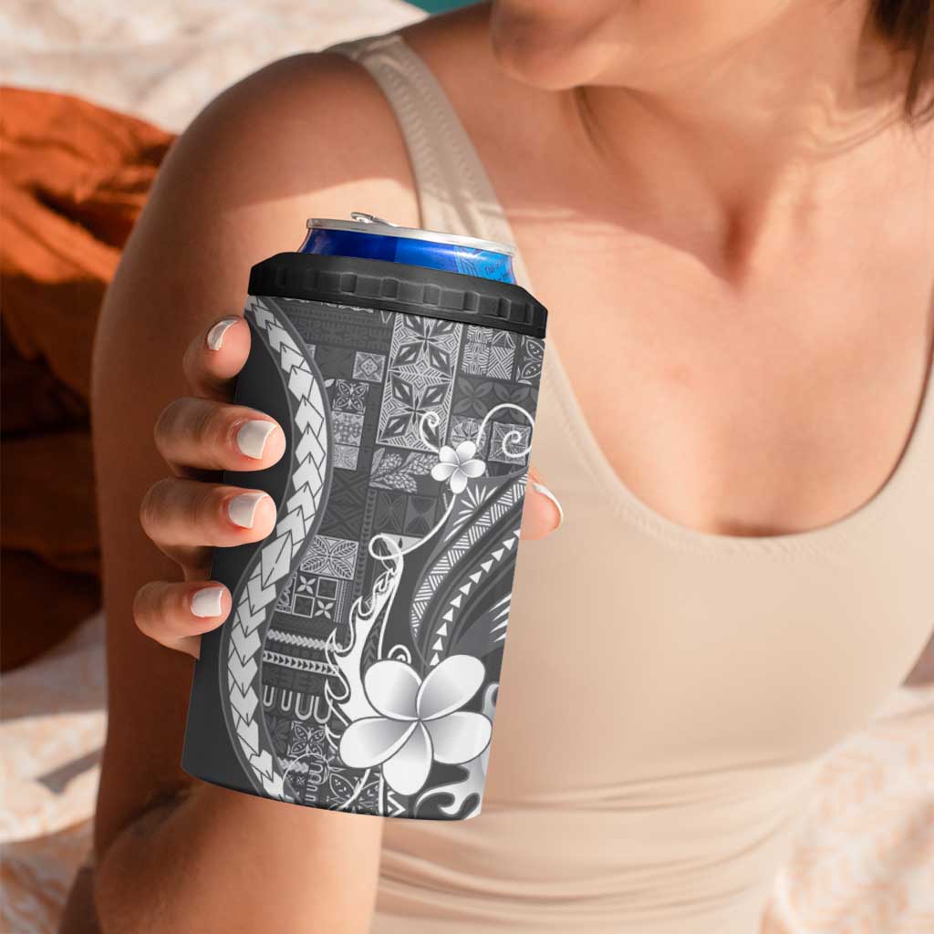 Samoa Siapo Tribal Pattern 4 in 1 Can Cooler Tumbler Light Gray Polynesian Plumeria Tapa Motif