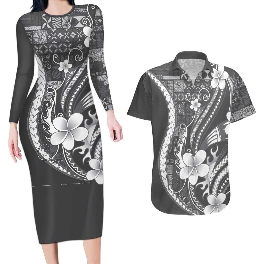 Samoa Siapo Tribal Pattern Couples Matching Long Sleeve Bodycon Dress and Hawaiian Shirt Light Gray Polynesian Plumeria Tapa Motif