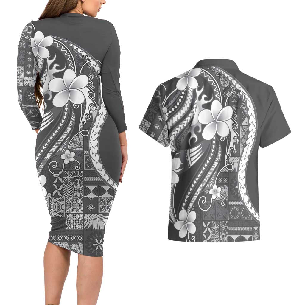 Samoa Siapo Tribal Pattern Couples Matching Long Sleeve Bodycon Dress and Hawaiian Shirt Light Gray Polynesian Plumeria Tapa Motif