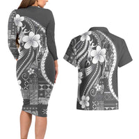 Samoa Siapo Tribal Pattern Couples Matching Long Sleeve Bodycon Dress and Hawaiian Shirt Light Gray Polynesian Plumeria Tapa Motif