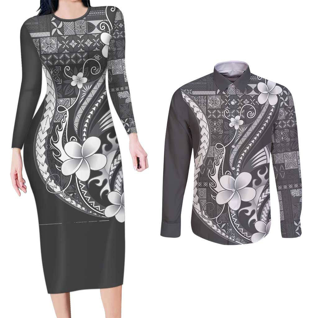 Samoa Siapo Tribal Pattern Couples Matching Long Sleeve Bodycon Dress and Long Sleeve Button Shirt Light Gray Polynesian Plumeria Tapa Motif LT9 Gray - Polynesian Pride
