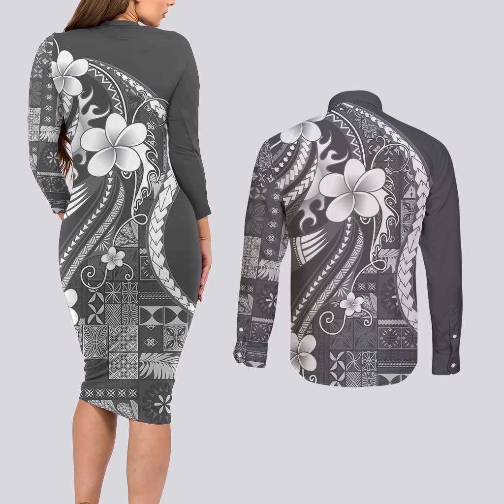Samoa Siapo Tribal Pattern Couples Matching Long Sleeve Bodycon Dress and Long Sleeve Button Shirt Light Gray Polynesian Plumeria Tapa Motif LT9 - Polynesian Pride