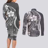 Samoa Siapo Tribal Pattern Couples Matching Long Sleeve Bodycon Dress and Long Sleeve Button Shirt Light Gray Polynesian Plumeria Tapa Motif LT9 - Polynesian Pride