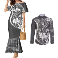 Samoa Siapo Tribal Pattern Couples Matching Mermaid Dress and Long Sleeve Button Shirt Light Gray Polynesian Plumeria Tapa Motif