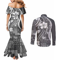Samoa Siapo Tribal Pattern Couples Matching Mermaid Dress and Long Sleeve Button Shirt Light Gray Polynesian Plumeria Tapa Motif