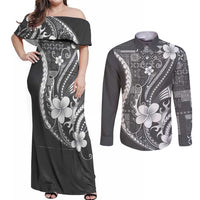 Samoa Siapo Tribal Pattern Couples Matching Off Shoulder Maxi Dress and Long Sleeve Button Shirt Light Gray Polynesian Plumeria Tapa Motif