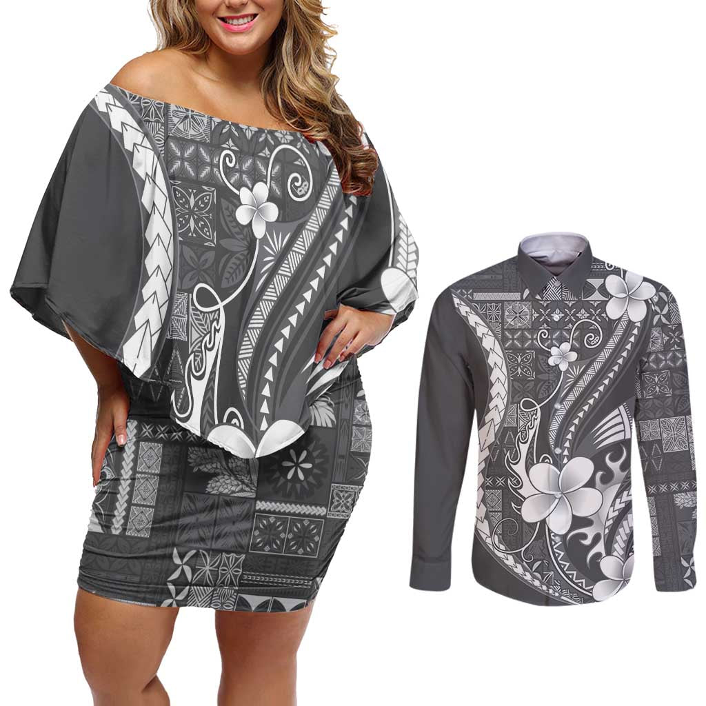 Samoa Siapo Tribal Pattern Couples Matching Off Shoulder Short Dress and Long Sleeve Button Shirt Light Gray Polynesian Plumeria Tapa Motif