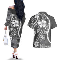 Samoa Siapo Tribal Pattern Couples Matching Off The Shoulder Long Sleeve Dress and Hawaiian Shirt Light Gray Polynesian Plumeria Tapa Motif