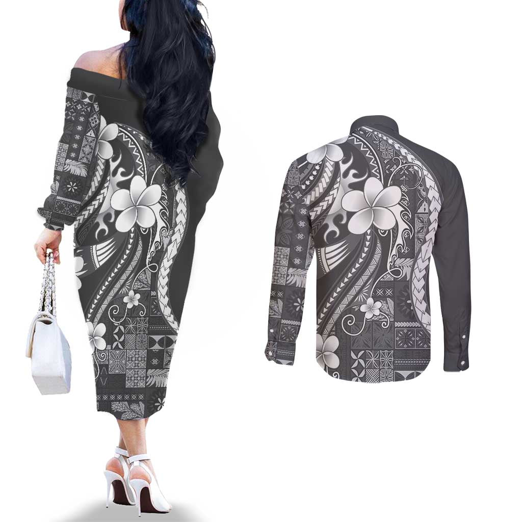 Samoa Siapo Tribal Pattern Couples Matching Off The Shoulder Long Sleeve Dress and Long Sleeve Button Shirt Light Gray Polynesian Plumeria Tapa Motif