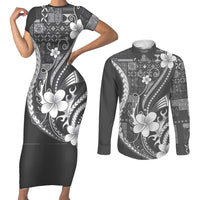 Samoa Siapo Tribal Pattern Couples Matching Short Sleeve Bodycon Dress and Long Sleeve Button Shirt Light Gray Polynesian Plumeria Tapa Motif