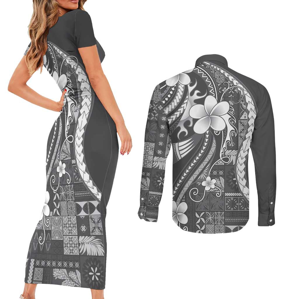 Samoa Siapo Tribal Pattern Couples Matching Short Sleeve Bodycon Dress and Long Sleeve Button Shirt Light Gray Polynesian Plumeria Tapa Motif