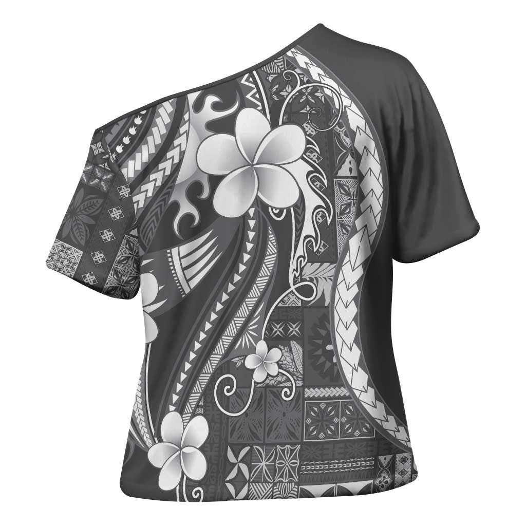 Samoa Siapo Tribal Pattern Cross Shoulder Shirt Light Gray Polynesian Plumeria Tapa Motif