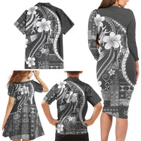 Samoa Siapo Tribal Pattern Family Matching Long Sleeve Bodycon Dress and Hawaiian Shirt Light Gray Polynesian Plumeria Tapa Motif LT9 - Polynesian Pride