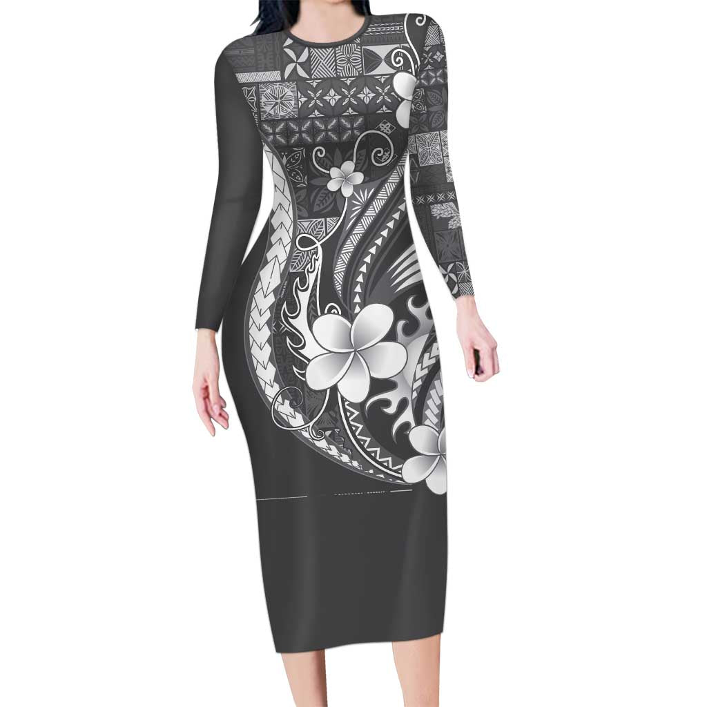 Samoa Siapo Tribal Pattern Family Matching Long Sleeve Bodycon Dress and Hawaiian Shirt Light Gray Polynesian Plumeria Tapa Motif LT9 Mom's Dress Gray - Polynesian Pride