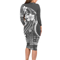 Samoa Siapo Tribal Pattern Family Matching Long Sleeve Bodycon Dress and Hawaiian Shirt Light Gray Polynesian Plumeria Tapa Motif LT9 - Polynesian Pride