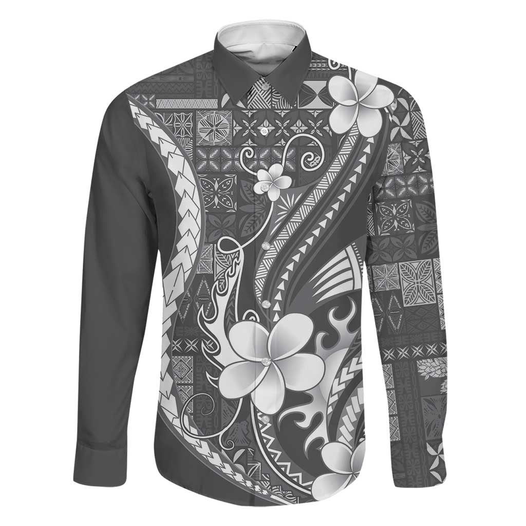Samoa Siapo Tribal Pattern Family Matching Off The Shoulder Long Sleeve Dress and Hawaiian Shirt Light Gray Polynesian Plumeria Tapa Motif LT9 Dad's Shirt - Long Sleeve Gray - Polynesian Pride