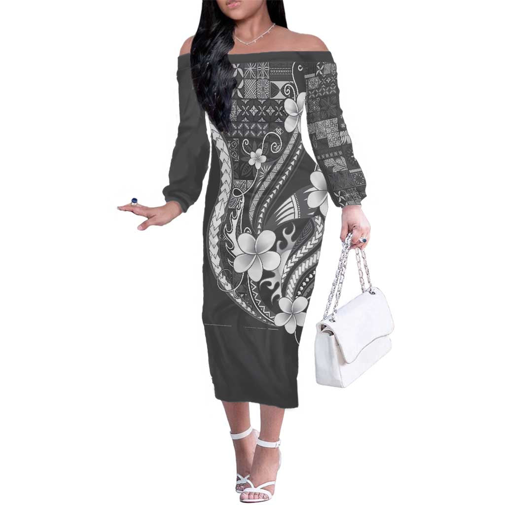 Samoa Siapo Tribal Pattern Family Matching Off The Shoulder Long Sleeve Dress and Hawaiian Shirt Light Gray Polynesian Plumeria Tapa Motif LT9 Mom's Dress Gray - Polynesian Pride