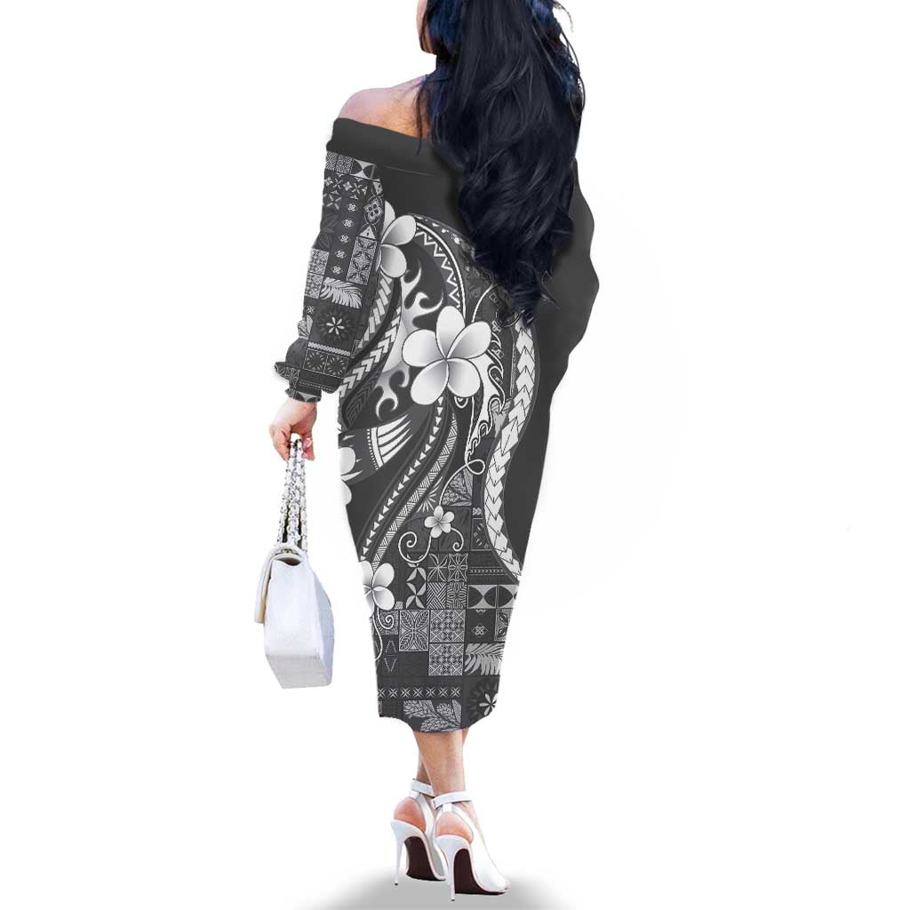 Samoa Siapo Tribal Pattern Family Matching Off The Shoulder Long Sleeve Dress and Hawaiian Shirt Light Gray Polynesian Plumeria Tapa Motif LT9 - Polynesian Pride