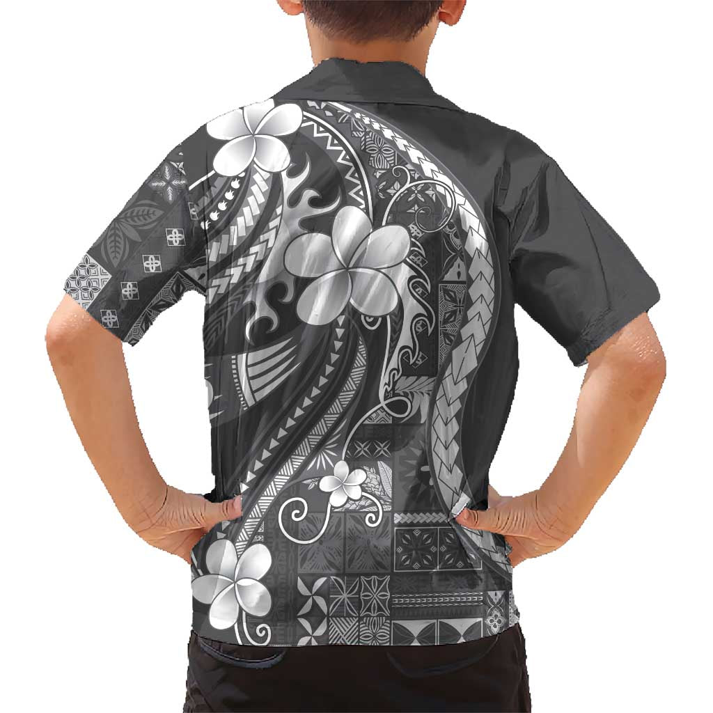 Samoa Siapo Tribal Pattern Family Matching Off Shoulder Maxi Dress and Hawaiian Shirt Light Gray Polynesian Plumeria Tapa Motif LT9 - Polynesian Pride
